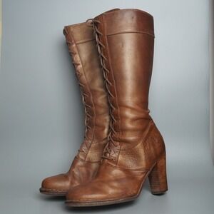 Vintage FRYE Villager Lace Up Zippered Tan Knee High Tall Boots Womens Sz 7.5
